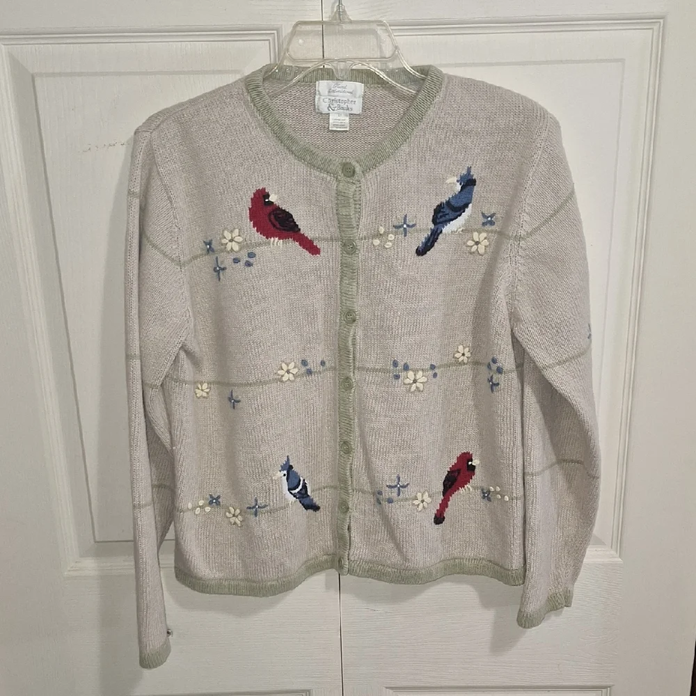 Christopher & Banks Embroidered Winter Bird Cardigan - Tan Sage Green Trim-L - Picture 1 of 6